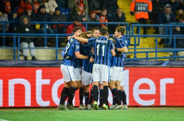 KHARKIV, UKRAINE - December 11, 2019: Atalanta BC  player celebrate goal scored during the UEFA Champions League match between Shakhtar vs Atalanta Bergamasca Calcio BC (Italy), Ukraine