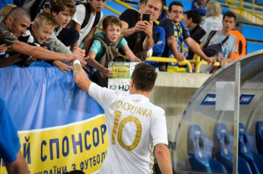 DNIPRO, UKRAINE - September 10, 2019: Yevhen Konoplyanka with fans during the friendly match between national team Ukraine against Nigeria national team, Ukraine