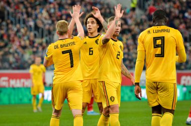 SAINT-PETERSBURG, RUSSIA - November 16, 2019: Belgium national team celebrate goal scored during UEFA EURO 2020 qualifying match between Russia against Belgium team, Russia