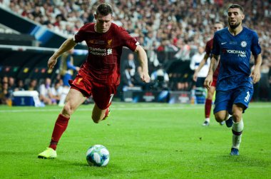 Istanbul, Turkey - August 14, 2019: James Milner during the UEFA Super Cup Finals match between Liverpool and Chelsea at Vodafone Park in Vodafone Arena, Turkey