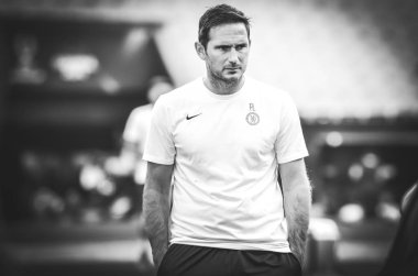 İstanbul, Türkiye - 14 Ağustos 2019: Vodafone Arena, Türkiye 'deki Vodafone Park' ta Liverpool ile Chelsea arasında oynanan Uefa Süper Kupası Finalleri öncesinde teknik direktör Frank Lampard