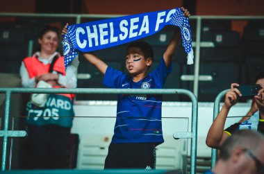 Istanbul, Turkey - August 14, 2019: Chelsea  Football fans and spectators during the UEFA Super Cup Finals match between Liverpool and Chelsea at Vodafone Park in Vodafon Arena, Turkey