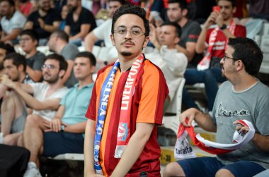 Istanbul, Turkey - August 14, 2019: Liverpool Football fans and spectators during the UEFA Super Cup Finals match between Liverpool and Chelsea at Vodafone Park in Vodafon Arena, Turkey