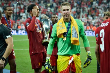 Istanbul, Turkey - August 14, 2019: Adrian with gold medal during the UEFA Super Cup Finals match between Liverpool and Chelsea at Vodafone Park in Vodafone Arena, Turkey