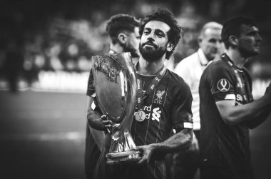 Istanbul, Turkey - August 14, 2019: Mohamed Salah celebrate with UEFA Super Cup 2019 at Vodafone Park in Vodafone Arena, Turkey