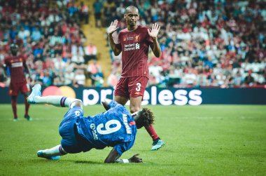 Istanbul, Turkey - August 14, 2019: Tammy Abraham and Fabinho during the UEFA Super Cup Finals match between Liverpool and Chelsea at Vodafone Park in Vodafone Arena, Turkey