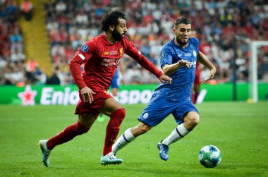 İstanbul, Türkiye - 14 Ağustos 2019: Türkiye 'nin Vodafone Arena kentindeki Vodafone Park' ta Liverpool ile Chelsea arasında oynanan Uefa Süper Kupası Finalleri sırasında futbolcu