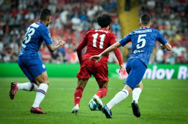 Istanbul, Turkey - August 14, 2019: Jorginho and Mohamed Salahduring the UEFA Super Cup Finals match between Liverpool and Chelsea at Vodafone Park in Vodafone Arena, Turkey
