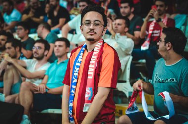 Istanbul, Turkey - August 14, 2019: Liverpool Football fans and spectators during the UEFA Super Cup Finals match between Liverpool and Chelsea at Vodafone Park in Vodafon Arena, Turkey