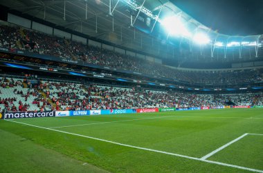 Istanbul, Turkey - August 14, 2019: Vodafon Arena stadium close up during the UEFA Super Cup Finals match between Liverpool and Chelsea at Vodafone Park in Vodafon Arena, Turkey
