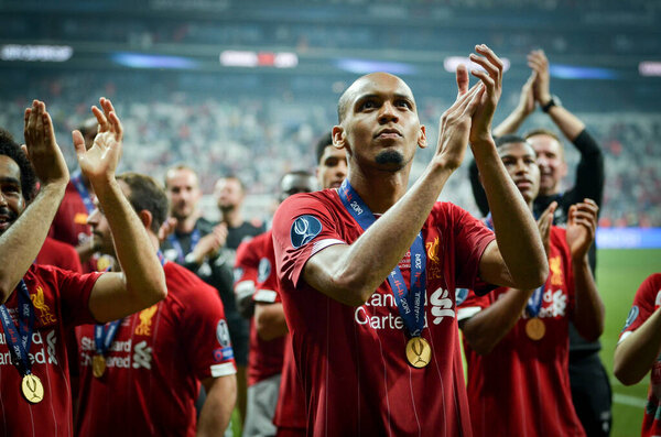 Istanbul, Turkey - August 14, 2019: Fabinho celebrate victory during the UEFA Super Cup Finals match between Liverpool and Chelsea at Vodafone Park in Vodafone Arena, Turkey