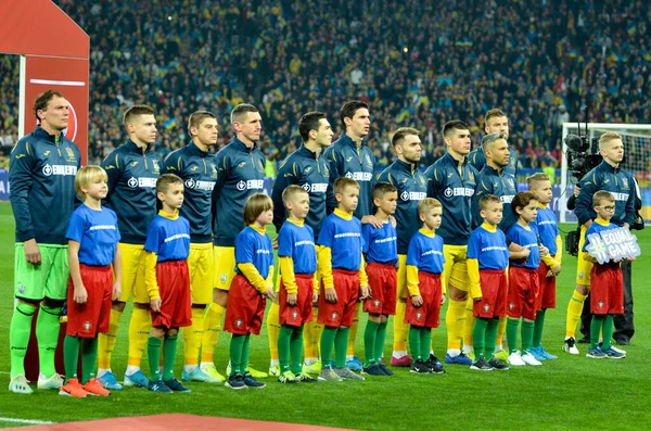 キエフ ウクライナ 10月14 2019 ポルトガル ウクライナに対するウクライナの間のUefaユーロ2020予選試合中のウクライナ代表チームの開始ラインアップ — ストック写真
