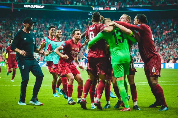 Estambul Turquía Agosto 2019 Jugadores Liverpool Celebran Victoria Supercopa Uefa — Foto de Stock