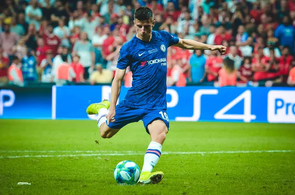 Istanbul, Turkey - August 14, 2019: Mason Mount shoot penalty during the UEFA Super Cup Finals match between Liverpool and Chelsea at Vodafone Park in Vodafone Arena, Turkey
