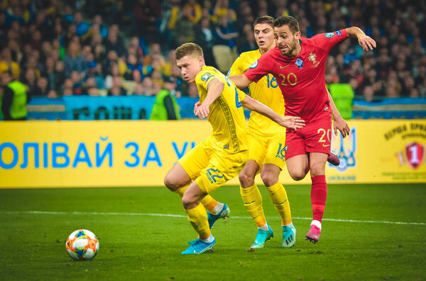 KYIV, UKRAINE - October 14, 2019: Bernardo Silva and Mykola Matviienko during the UEFA EURO 2020 qualifying match between Ukraine against Portugal team, Ukraine