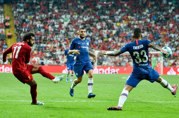 Istanbul, Turkey - August 14, 2019: Mohamed Salah and Emerson player during the UEFA Super Cup Finals match between Liverpool and Chelsea at Vodafone Park in Vodafone Arena, Turkey