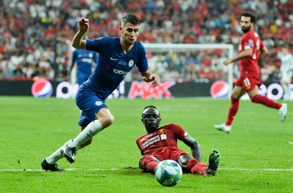 Istanbul, Turkey - August 14, 2019: Jorginho and Sadio Mane during the UEFA Super Cup Finals match between Liverpool and Chelsea at Vodafone Park in Vodafone Arena, Turkey