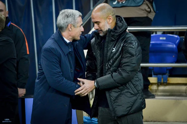 Kharkiv Ukraine September 2019 Pep Guardiola Coach Luis Castro Hugging — Stockfoto