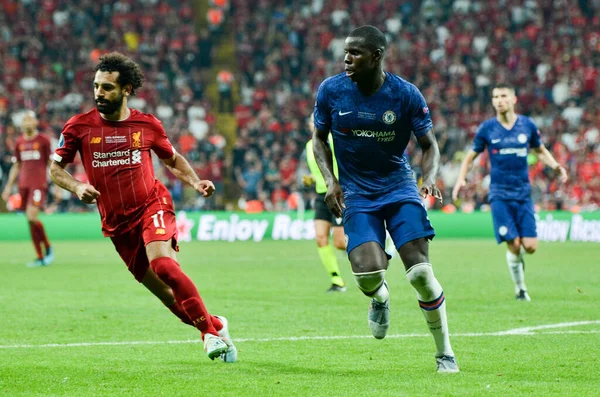 Istanbul, Turkey - August 14, 2019: Kurt Zouma and Mohamed Salah during the UEFA Super Cup Finals match between Liverpool and Chelsea at Vodafone Park, Turkey