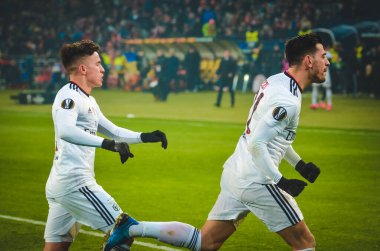 Kharkiv, Ukrayna - 20 Şubat 2020: Pizzi, Uefa Avrupa Ligi maçında Shakhtar Donetsk - Sl Benfica (Portekiz), Ukrayna maçında atılan golü kutladı