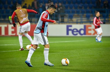 KHARKIV, UKRAINE - Febriary 20, 2020: Chiquinho and trains of Benfica football players during the UEFA Europe League match between Shakhtar Donetsk vs SL Benfica (Portugal), Ukraine