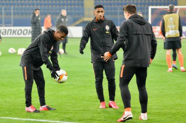 KHARKIV, UKRAINE - Febriary 20, 2020: Training session of Shakhtar football players during the UEFA Europe League match between Shakhtar Donetsk vs SL Benfica (Portugal), Ukraine