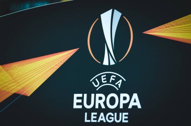 Kharkiv, Ukrayna - 20 Şubat 2020: Uefa Avrupa Ligi logosu ve amblemi Shakhtar Donetsk - Sl Benfica (Portekiz), Ukrayna