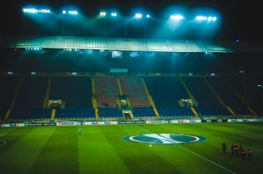 KHARKIV, UKRAINE - Febriary 20, 2020: General view of the football stadium in Kharkov Osk Metalist from the inside during the UEFA Europe League match between Shakhtar vs SL Benfica, Ukraine