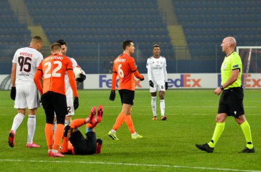 Kharkiv, Ukrayna - 20 Şubat 2020: Uefa Avrupa Ligi maçında Carlos Vinicius oyuncusu Shakhtar Donetsk - Sl Benfica (Portekiz), Ukrayna