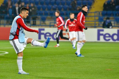 KHARKIV, UKRAINE - Febriary 20, 2020: Chiquinho and trains of Benfica football players during the UEFA Europe League match between Shakhtar Donetsk vs SL Benfica (Portugal), Ukraine