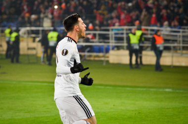 Kharkiv, Ukrayna - 20 Şubat 2020: Pizzi, Uefa Avrupa Ligi maçında Shakhtar Donetsk - Sl Benfica (Portekiz), Ukrayna maçında atılan golü kutladı