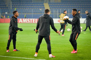 KHARKIV, UKRAINE - Febriary 20, 2020: Training session of Shakhtar football players during the UEFA Europe League match between Shakhtar Donetsk vs SL Benfica (Portugal), Ukraine