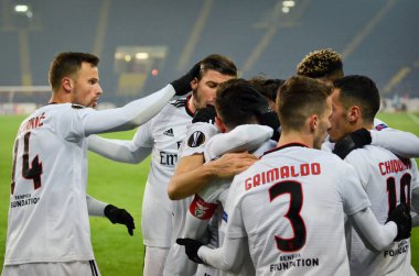 Kharkiv, Ukrayna - 20 Şubat 2020: Benfica oyuncusuyla Pizzi, Uefa Avrupa Ligi 'nde Shakhtar - Sl Benfica (Portekiz), Ukrayna maçında atılan golü kutladı