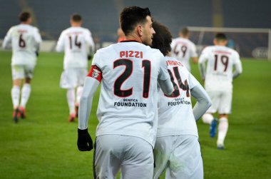 Kharkiv, Ukrayna - 20 Şubat 2020: Tomas Tavares ve Pizzi, Shakhtar vs Sl Benfica (Portekiz) ve Ukrayna arasındaki Uefa Avrupa Ligi maçında atılan golü kutladılar