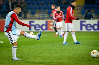 KHARKIV, UKRAINE - Febriary 20, 2020: Chiquinho and trains of Benfica football players during the UEFA Europe League match between Shakhtar Donetsk vs SL Benfica (Portugal), Ukraine