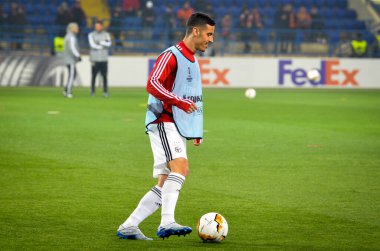 KHARKIV, UKRAINE - Febriary 20, 2020: Chiquinho and trains of Benfica football players during the UEFA Europe League match between Shakhtar Donetsk vs SL Benfica (Portugal), Ukraine