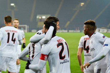 Kharkiv, Ukrayna - 20 Şubat 2020: Franco Cervi ile Pizzi, Uefa Avrupa Ligi maçında Sl Benfica (Portekiz) ile Ukrayna arasındaki golü kutladı