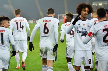 Kharkiv, Ukrayna - 20 Şubat 2020: Benfica oyuncusu, Shakhtar - Sl Benfica (Portekiz) ve Ukrayna arasındaki Uefa Avrupa Ligi maçında atılan golü kutladı