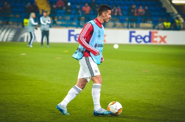 KHARKIV, UKRAINE - Febriary 20, 2020: Chiquinho and trains of Benfica football players during the UEFA Europe League match between Shakhtar Donetsk vs SL Benfica (Portugal), Ukraine