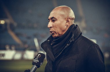 KHARKIV, UKRAINE - Febriary 20, 2020: Interview with a Portuguese specialist during the UEFA Europe League match between Shakhtar Donetsk vs SL Benfica (Portugal), Ukraine