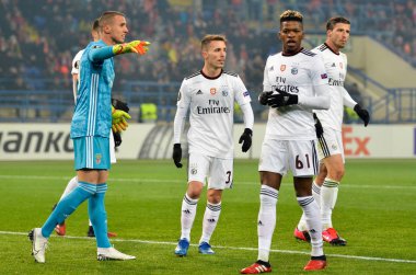 Kharkiv, Ukrayna - 20 Şubat 2020: Florentino ve Odysseas Vlachodimos, Uefa Avrupa Ligi maçında Shakhtar Donetsk - Sl Benfica (Portekiz), Ukrayna