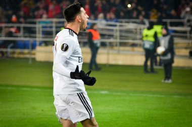 Kharkiv, Ukrayna - 20 Şubat 2020: Pizzi, Uefa Avrupa Ligi maçında Shakhtar Donetsk - Sl Benfica (Portekiz), Ukrayna maçında atılan golü kutladı