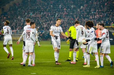 Kharkiv, Ukrayna - 20 Şubat 2020: Sl Benfica Football player, Shakhtar Donetsk - Sl Benfica (Portekiz) ve Ukrayna arasındaki Uefa Avrupa Ligi maçında atılan golü kutladı