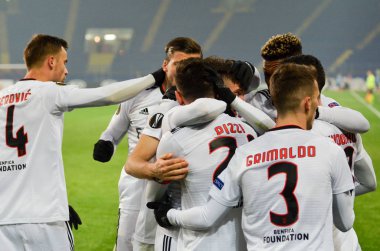 Kharkiv, Ukrayna - 20 Şubat 2020: Benfica oyuncusuyla Pizzi, Uefa Avrupa Ligi 'nde Shakhtar - Sl Benfica (Portekiz), Ukrayna maçında atılan golü kutladı