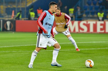 KHARKIV, UKRAINE - Febriary 20, 2020: Chiquinho and trains of Benfica football players during the UEFA Europe League match between Shakhtar Donetsk vs SL Benfica (Portugal), Ukraine