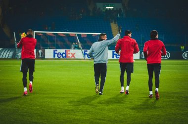 KHARKIV, UKRAINE - Febriary 20, 2020: Benfica Football players trains during the UEFA Europe League match between Shakhtar Donetsk vs SL Benfica (Portugal), Ukraine