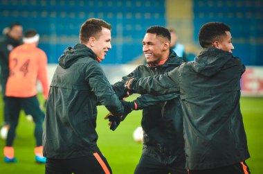 KHARKIV, UKRAINE - Febriary 20, 2020: Training session of Shakhtar football players during the UEFA Europe League match between Shakhtar Donetsk vs SL Benfica (Portugal), Ukraine
