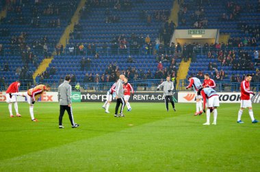 KHARKIV, UKRAINE - Febriary 20, 2020: Training session of Benfica football players during the UEFA Europe League match between Shakhtar Donetsk vs SL Benfica (Portugal), Ukraine