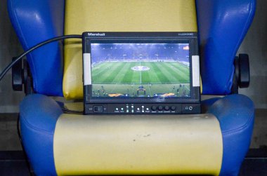 KHARKIV, UKRAINE - Febriary 20, 2020: Assistant for the coach in the form of a screen with a general view of a football player on the field, Ukraine