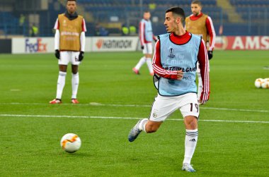 KHARKIV, UKRAINE - Febriary 20, 2020: Chiquinho and  Training session of Benfica football players during the UEFA Europe League match between Shakhtar Donetsk vs SL Benfica (Portugal), Ukraine